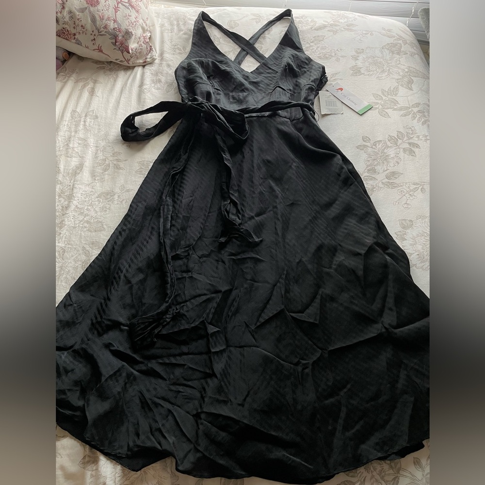 Deadstock Vintage Black Silk Stripe Babydoll Midi Maxi Dress 12 Whimsigoth 90s